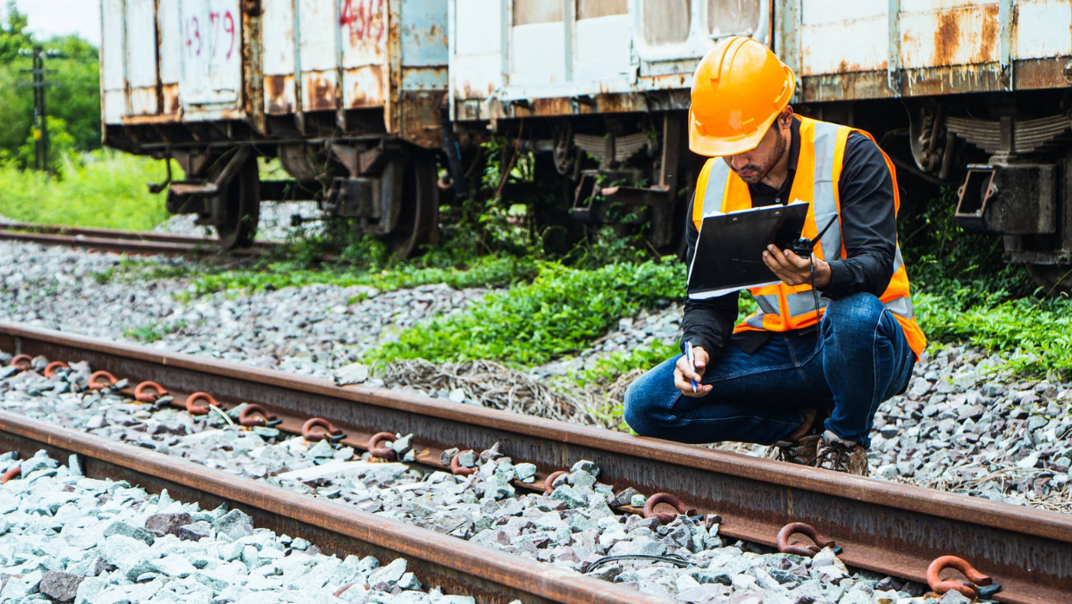 Rail inspector examining track with clipboard during safety assessment