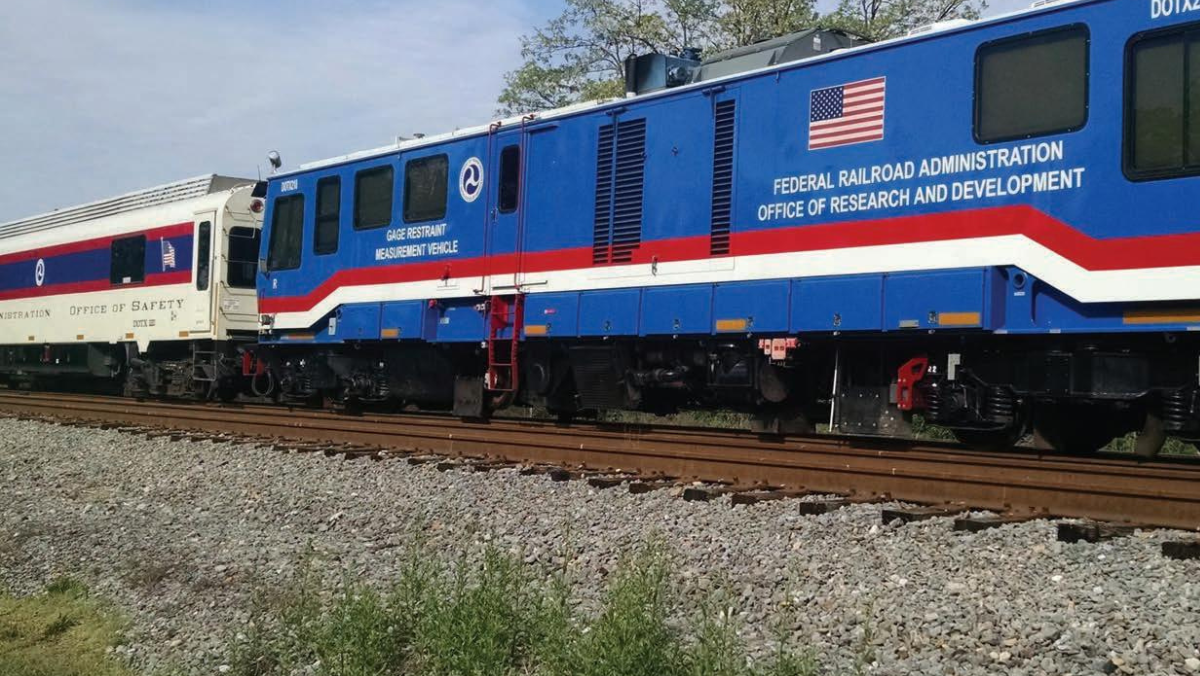 Federal Railroad Administration research train used to test rail safety and infrastructure performance