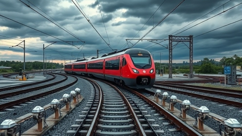 Electric passenger train on multi-track railway with overhead power lines