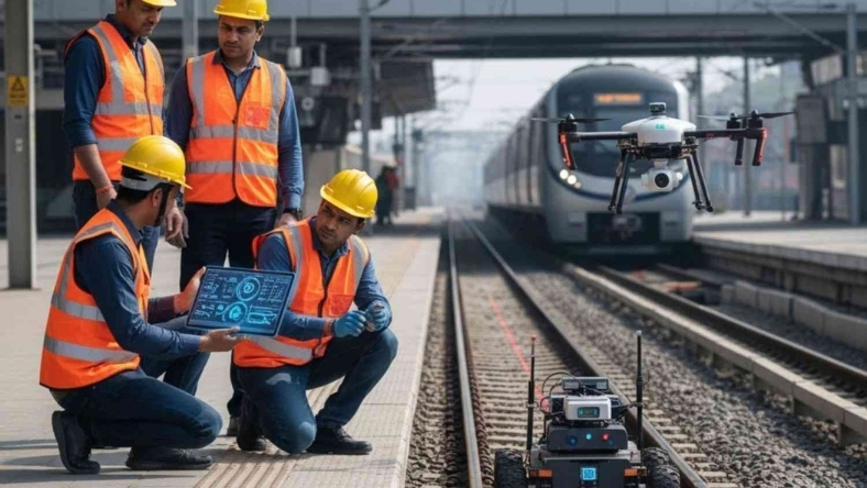Maintenance team deploying AI-powered monitoring tools on railway line